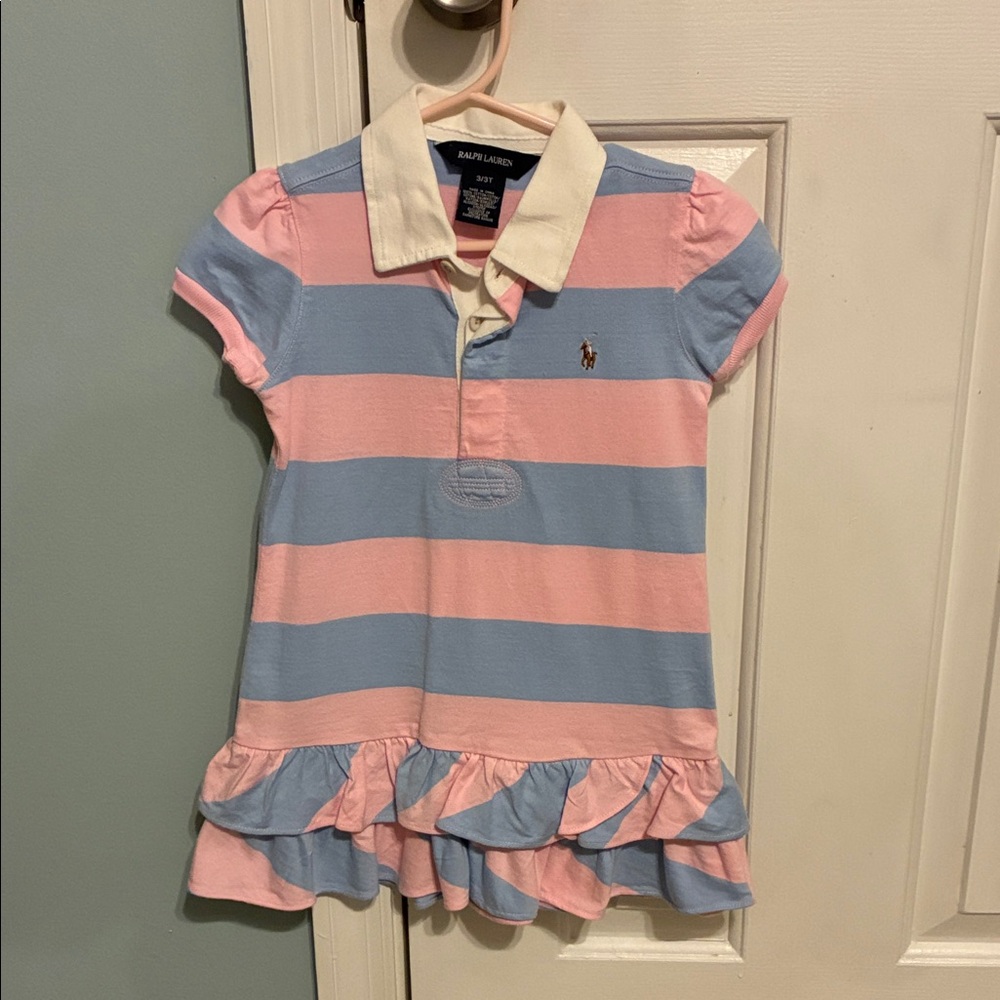 Ralph Lauren Pink and Light Blue Striped Polo Dress with White Collar